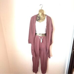 3-Piece Waffle Knit Lounge Set | Mauve Cardigan Pants & White Crop Top | Size M